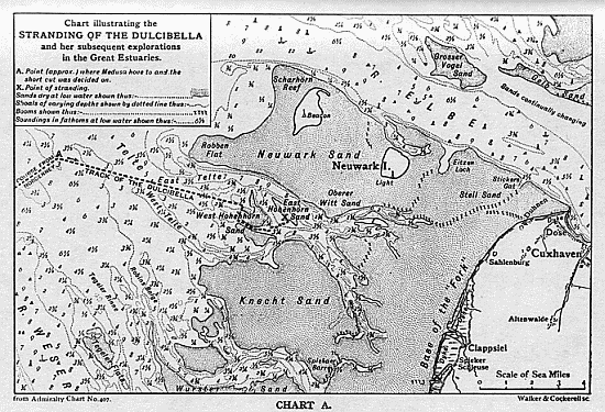 A chart illustrating the stranding of the Dulcibella, and her subsequent explorations in the Great Estuaries.